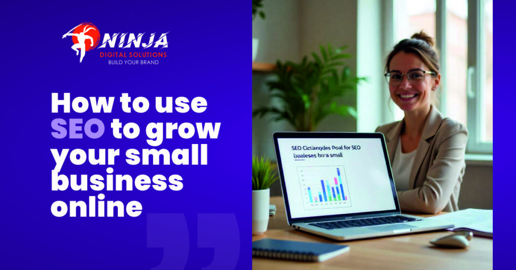Businesswoman smiling beside a laptop showing SEO performance charts, symbolizing effective search engine optimization services for small business growth.